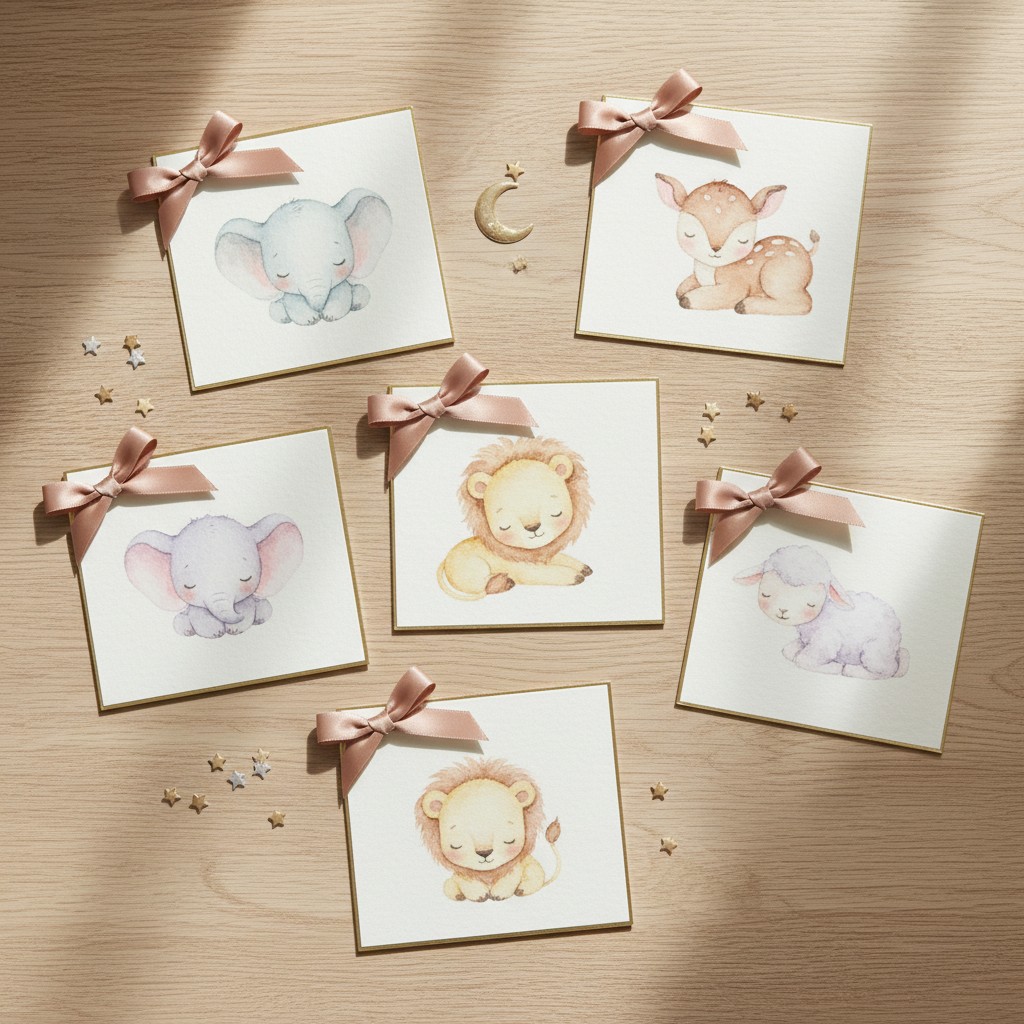 A set of six notecards, each featuring a different animal (an elephant, deer, sheep, lion, and two additional elephants) s...