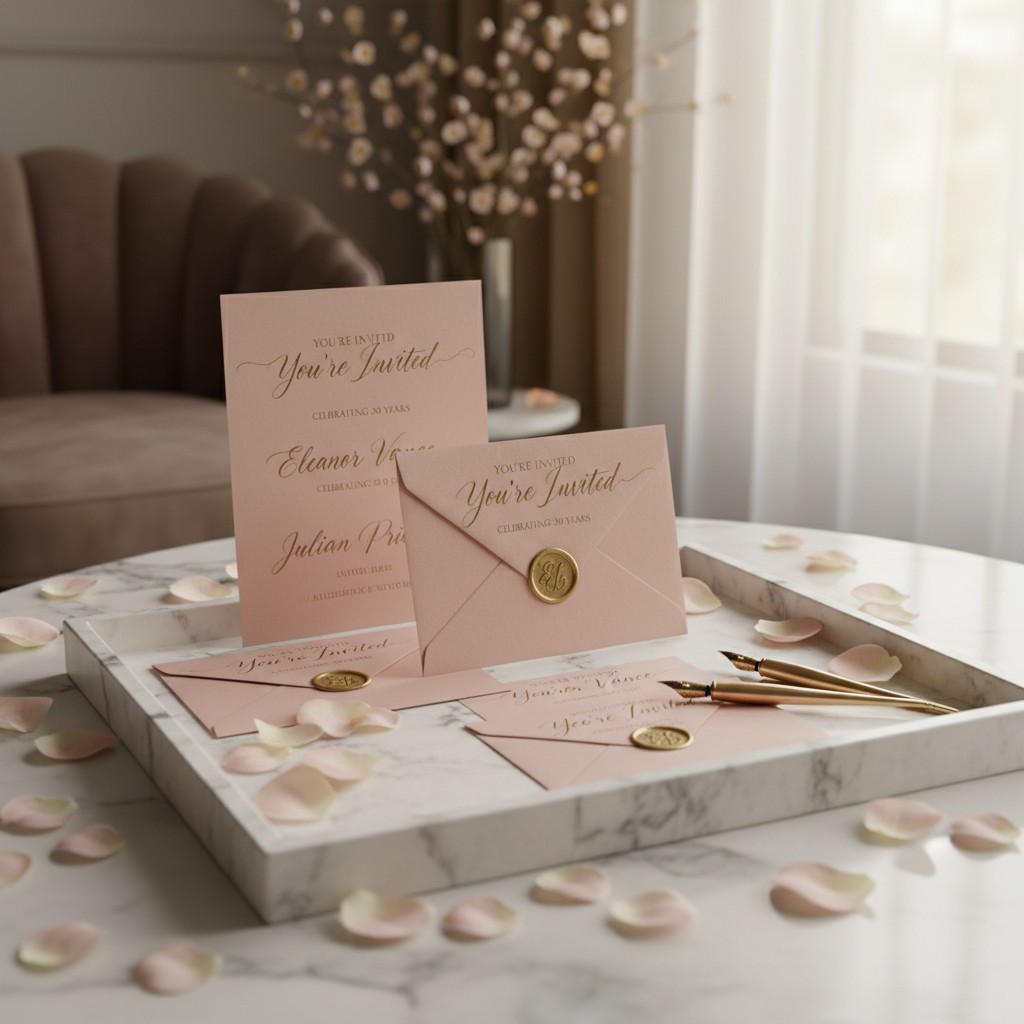 A photograph of a white marble tray with various pink and gold wedding invitations and rose petals scattered around it.